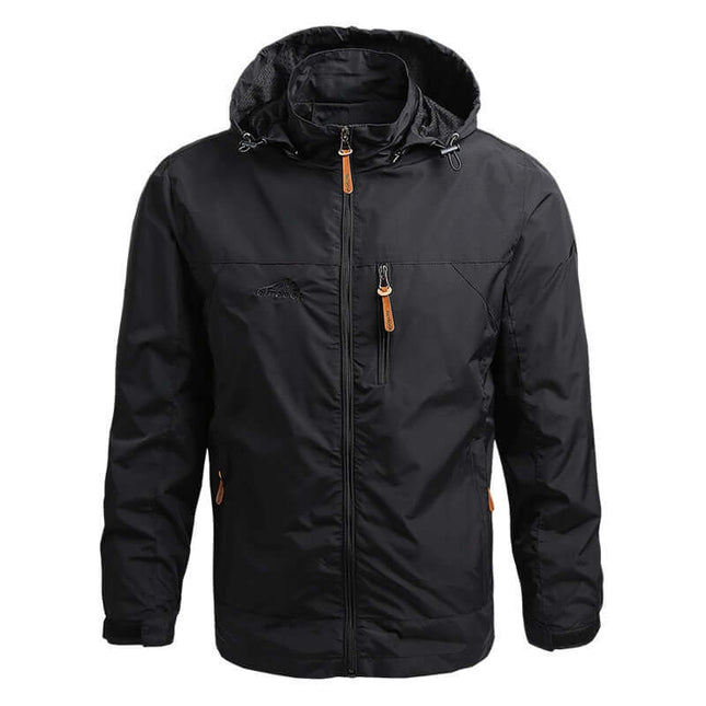 Campera cortavientos militar negra impermeable para hombres, material resistente y diseño funcional con capucha.