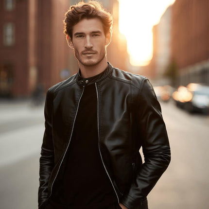 Hombre vistiendo campera de cuero negro genuino estilo clásico, ideal para eventos formales y casuales, en ciudad al atardecer.