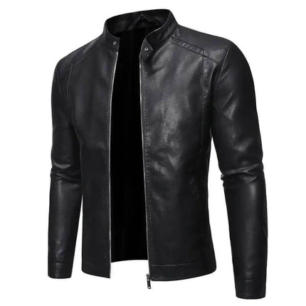 Campera de cuero genuino negra para hombre, diseño clásico con cierre frontal y cuello redondo, oferta del 15% OFF.