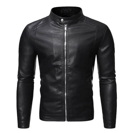 Campera negra de cuero genuino para hombres, diseño clásico con cierre frontal y cuello redondo, estilo elegante.