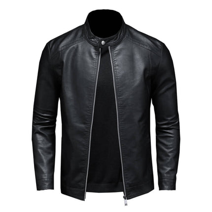 Campera negra de cuero genuino para hombres, diseño clásico con cierre frontal y cuello redondo, elegante para todo evento.