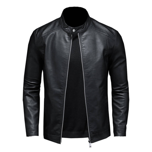 Campera negra de cuero genuino para hombres, diseño clásico con cierre frontal y cuello redondo, elegante para todo evento.