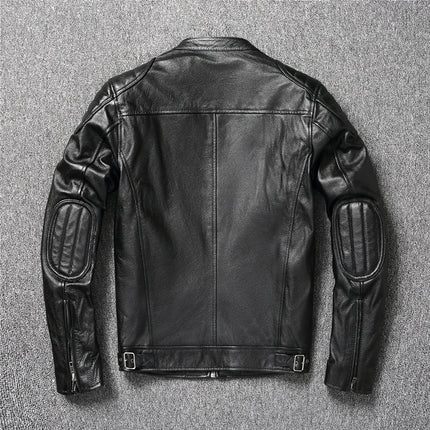 Campera de cuero negro 100% vacuno para hombres, diseño moderno con detalles acolchados en codos.