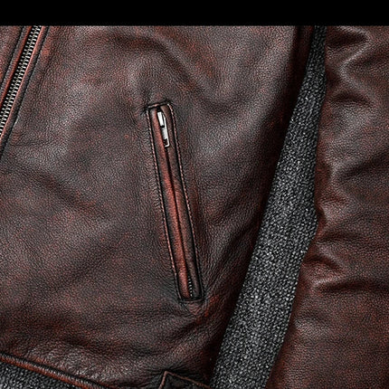Campera de cuero marrón oscuro de vacuno para hombres, con cremallera y bolsillos frontales, estilo urbano y clásico.