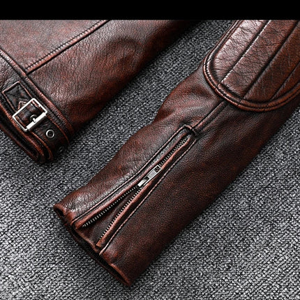 Campera de cuero marrón 100% vacuno para hombres, con cierre y hebilla, diseño moderno para motociclistas.