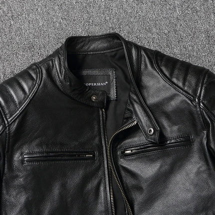 Campera de cuero negra 100% vacuno para hombres, diseño clásico y moderno, ideal para estilo casual y urbano.