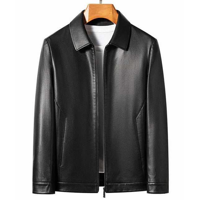 Campera de cuero negro elegante para hombre, estilo moderno, diseño versátil, ideal para ocasiones especiales.