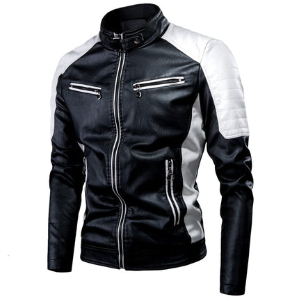 Campera de cuero sintético Cricova para hombre, estilo biker urbano, color negro con detalles blancos, cierre frontal.