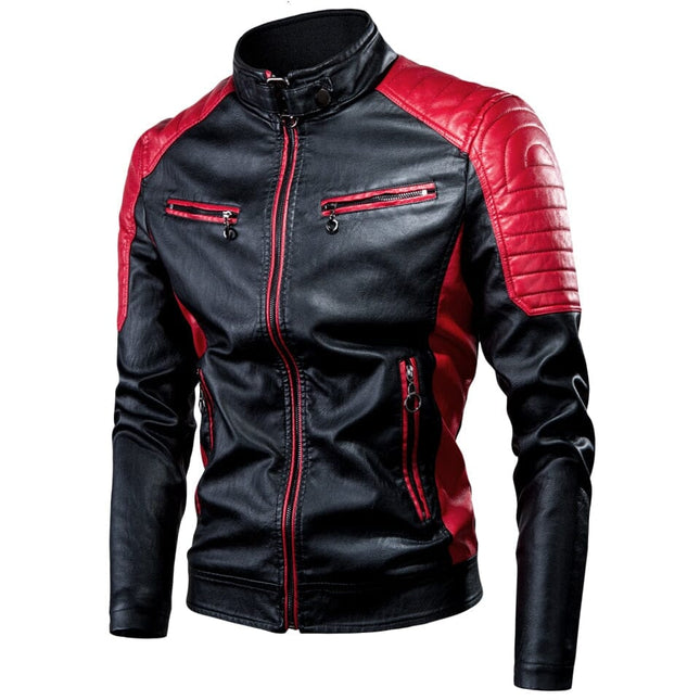 Campera de cuero sintético para hombre, negro con detalles rojos, estilo biker urbano, cuello elevado.