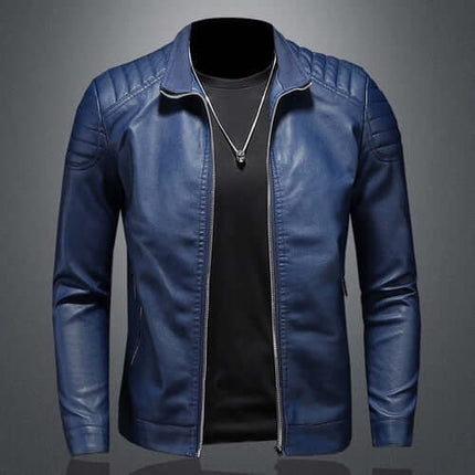 Campera de cuero azul slim para hombres, diseño moderno y urbano, perfecta para un look estiloso y seguro.