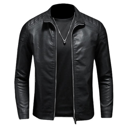 Campera de cuero negro slim para hombres, diseño elegante, ideal para estilo urbano moderno y sofisticado.