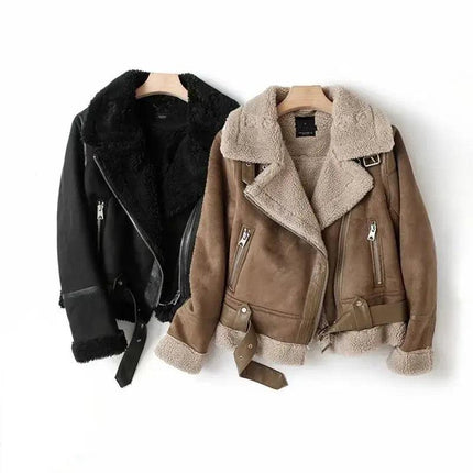 Camperas de gamuza sintética mujer en negro y marrón con interior de lana de cordero, diseño biker oversize y cinturón ajustable.