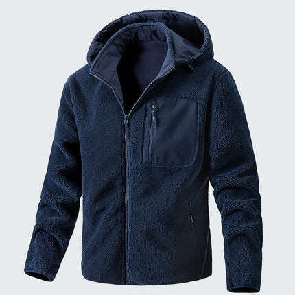 Campera Expedition azul marino con capucha ajustable, bolsillos con cierre, material de lana, unisex, ideal para actividades al aire libre.