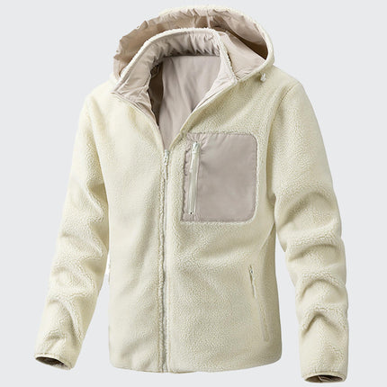 Campera Expedition color beige con capucha, lana suave, ideal para hombres, actividades al aire libre y uso casual.