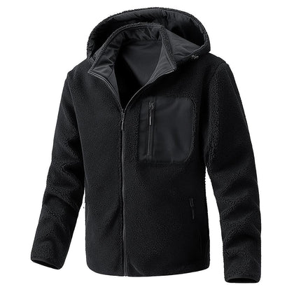 Campera negra Expedition de lana, capucha ajustable y bolsillos, ideal para actividades al aire libre para hombres.