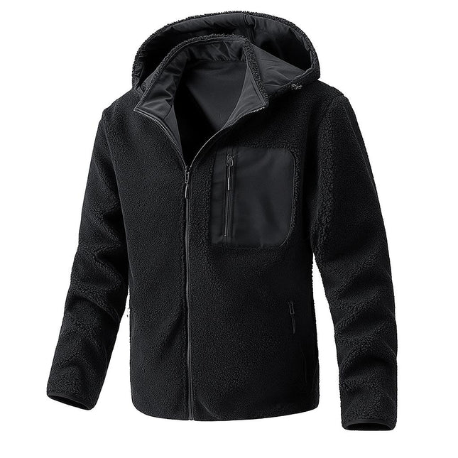 Campera negra Expedition de lana, capucha ajustable y bolsillos, ideal para actividades al aire libre para hombres.