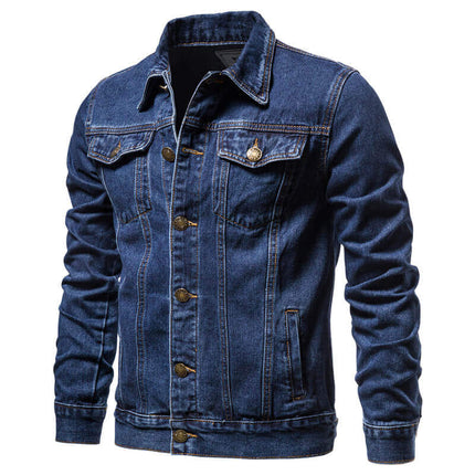 Campera de jeans azul clásico para hombre, estilo elegante, con botones metálicos y costuras visibles, ideal para uso casual.