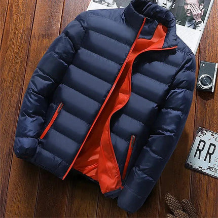 Campera acolchada azul y naranja para hombre, relleno de algodón tipo seda, estilo casual y joven, hombre urban.