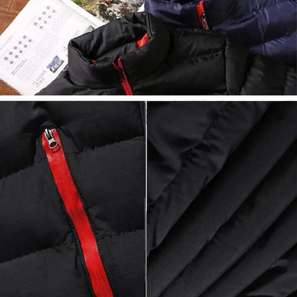 Campera acolchada negra para hombre con cierre rojo, relleno de algodón tipo seda, moderna y ligera, ideal para jóvenes.