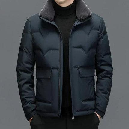 Campera Nilen azul para hombre, relleno de plumas de pato, cuello desmontable, ideal para invierno y look casual.
