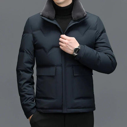 Campera Nilen azul oscuro con cuello desmontable de plumas, para hombre, ideal para invierno y estética elegante.