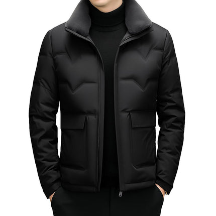 Campera Nilen negra para hombre con cuello desmontable de plumas, abrigo ideal para invierno y estilo casual elegante.