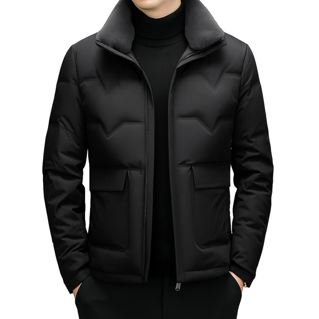 Campera Nilen negra para hombre con cuello desmontable de plumas, abrigo ideal para invierno y estilo casual elegante.