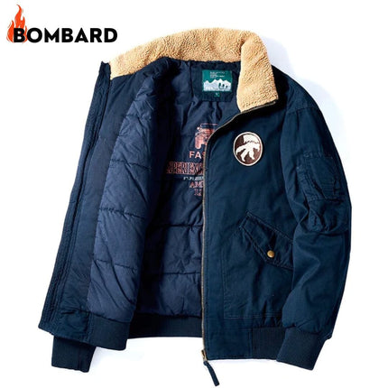 Campera Bombard azul marino para hombre, estilo aviador con forro de cordero, ideal para invierno, tejido de algodón resistente.