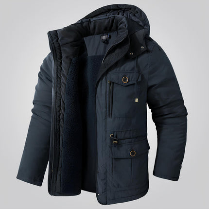Campera Outwear azul para hombre, material respirable, interior afelpado, soporte térmico hasta 0°C.