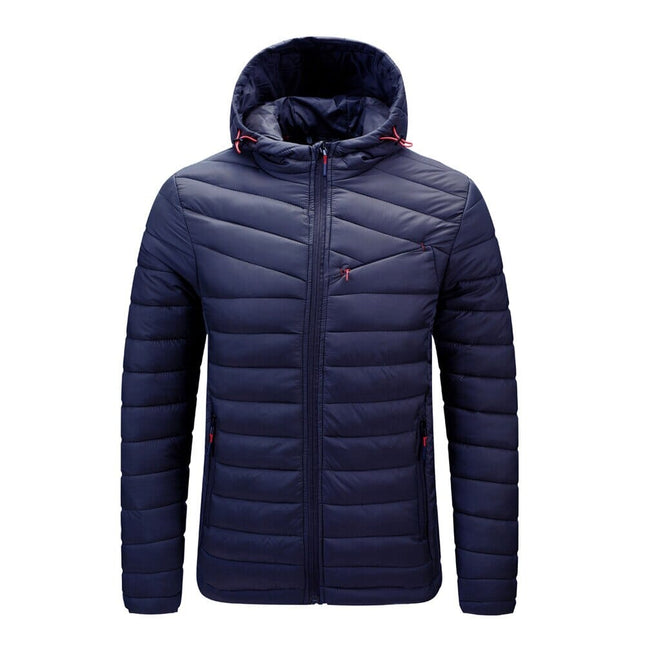 Campera puffer para hombre azul con capucha, ideal para invierno, diseño acolchado, urbana, disponible talles S a 2XL.