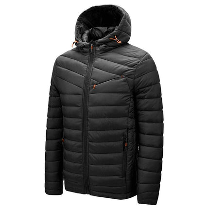 Campera puffer negra para hombre con capucha, ideal para invierno, diseño acolchado, liviana y moderna.