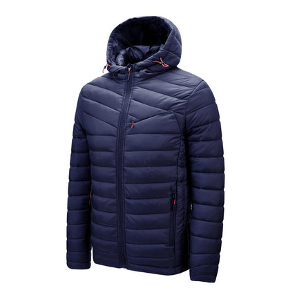 Campera puffer azul con capucha para hombre, diseño acolchado, ideal invierno, talles S al 2XL