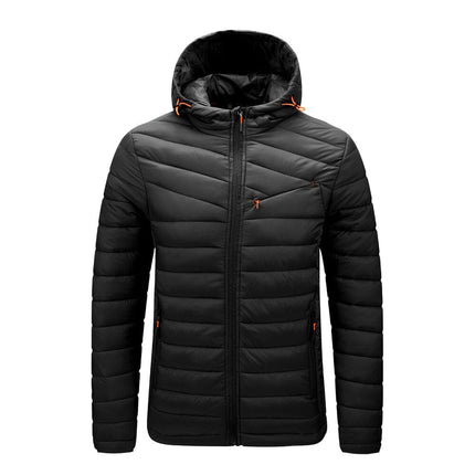 Campera puffer negra con capucha para hombre, diseño acolchado ideal para invierno, disponible en talles S a 2XL.