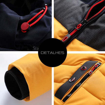 Detalles de campera térmica para hombre con cierre rojo, material aislante amarillo y azul, ideal para frío extremo.