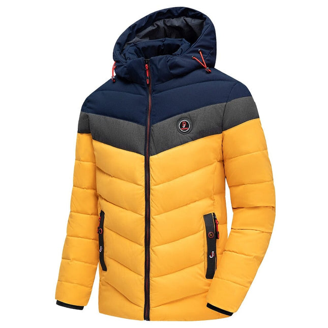 Campera térmica hombre amarillo y azul con capucha ajustable, relleno aislante y puños elásticos, ideal hasta -10 °C