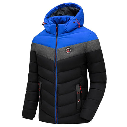 Campera térmica para hombre en azul, gris y negro, con capucha ajustable y diseño acolchado, ideal hasta -10 °C.