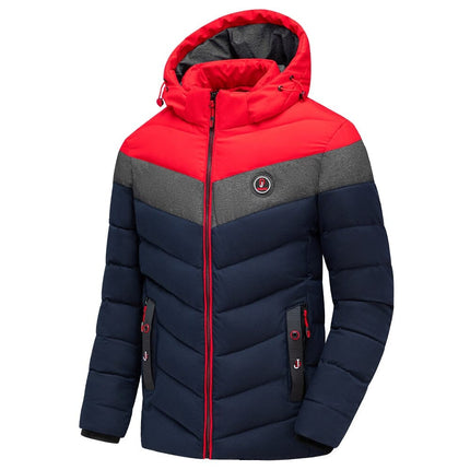 Campera térmica para hombre rojo y azul, relleno aislante, capucha ajustable, ideal para frío extremo hasta -10 °C.