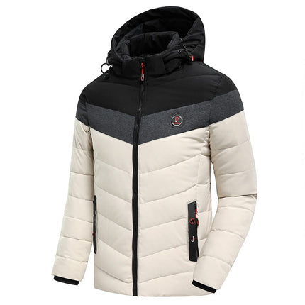 Campera térmica para hombre beige y negra con capucha, relleno aislante, ideal hasta -10 °C, estilo moderno para clima frío.