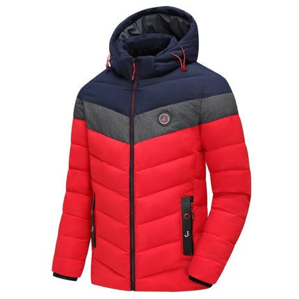 Campera térmica para hombre roja y azul marino, relleno aislante, capucha ajustable, ideal hasta -10 °C, uso urbano.
