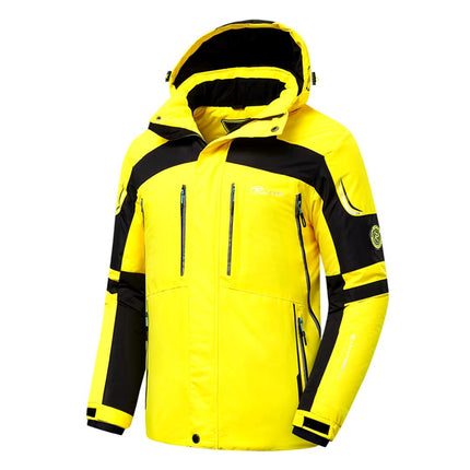 Campera térmica amarilla y negra para hombre, resistente hasta -30 °C, ideal para nieve y frío extremo.