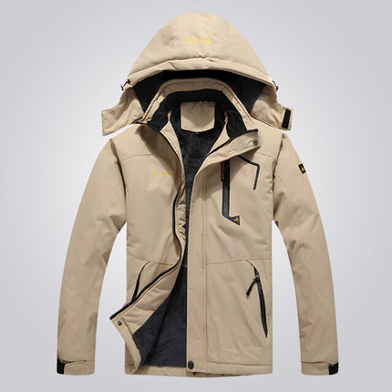 Campera térmica impermeable para hombre, beige, ideal para aventuras al aire libre en climas fríos y desafiantes.
