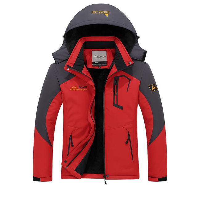 Campera térmica impermeable roja y gris para hombre, ideal para aventura al aire libre con capucha y bolsillos funcionales.