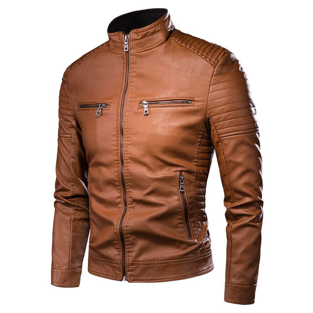 Campera vintage de cuero premium marrón para hombres, diseño clásico con cierre y bolsillos, oferta 15% OFF.