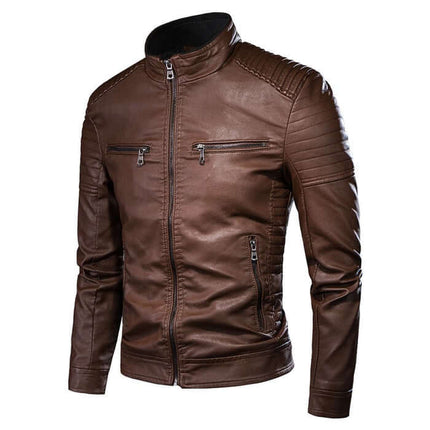 Campera de cuero marrón vintage premium para hombres, diseño entallado con cierre y detalles acolchonados.