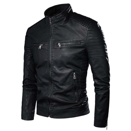 Campera vintage de cuero negro para hombre, diseño premium, con detalles en los hombros y cierre frontal.