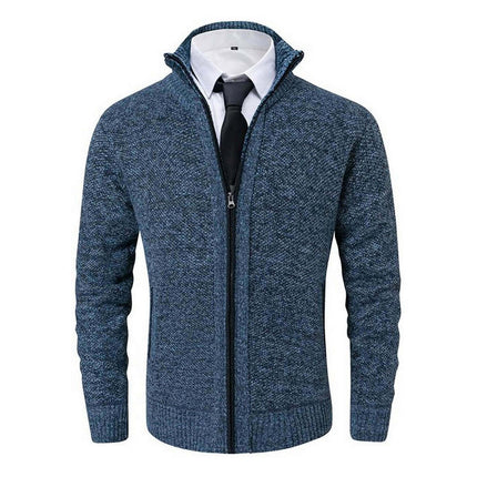 Cardigan Classic Executive de lana azul para hombres ejecutivos, elegante y formal, ideal para reuniones de negocios.