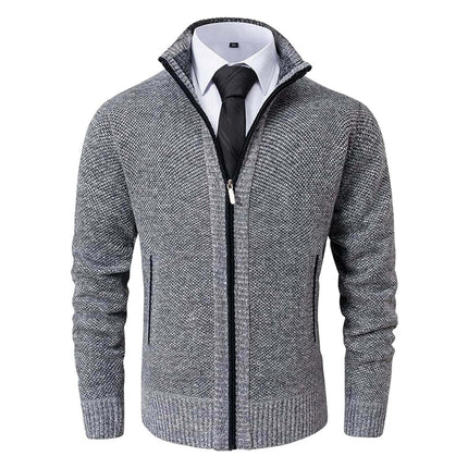 Cardigan ejecutivo clásico gris para hombres, material de lana, ideal para oficina, estilo elegante y sofisticado.