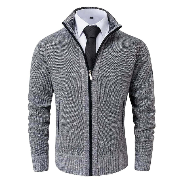 Cardigan ejecutivo clásico gris para hombres, material de lana, ideal para oficina, estilo elegante y sofisticado.
