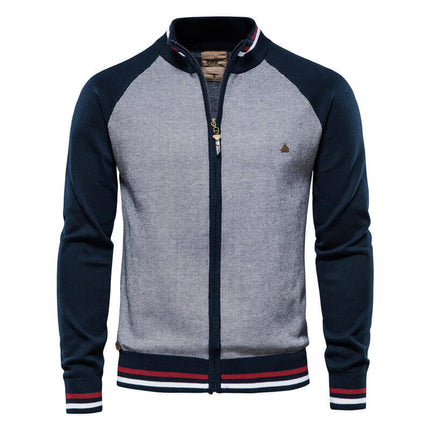 Cardigan de hombre Madrid, algodón gris y azul con cierre, estilo casual, ideal para climas frescos.