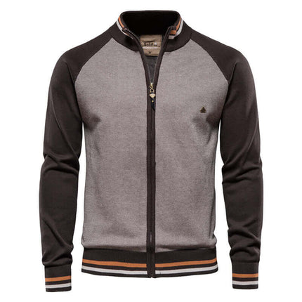 Cardigan de hombre, color gris y negro, con cierre frontal, detalles en cuello y puños, tejido de algodón, casual.